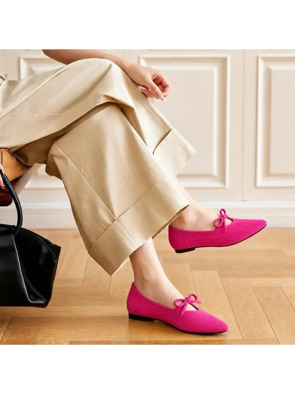 Women's Pink Pointed Toe Flats Comfortable Knit Ballet Shoes Washable Dressy